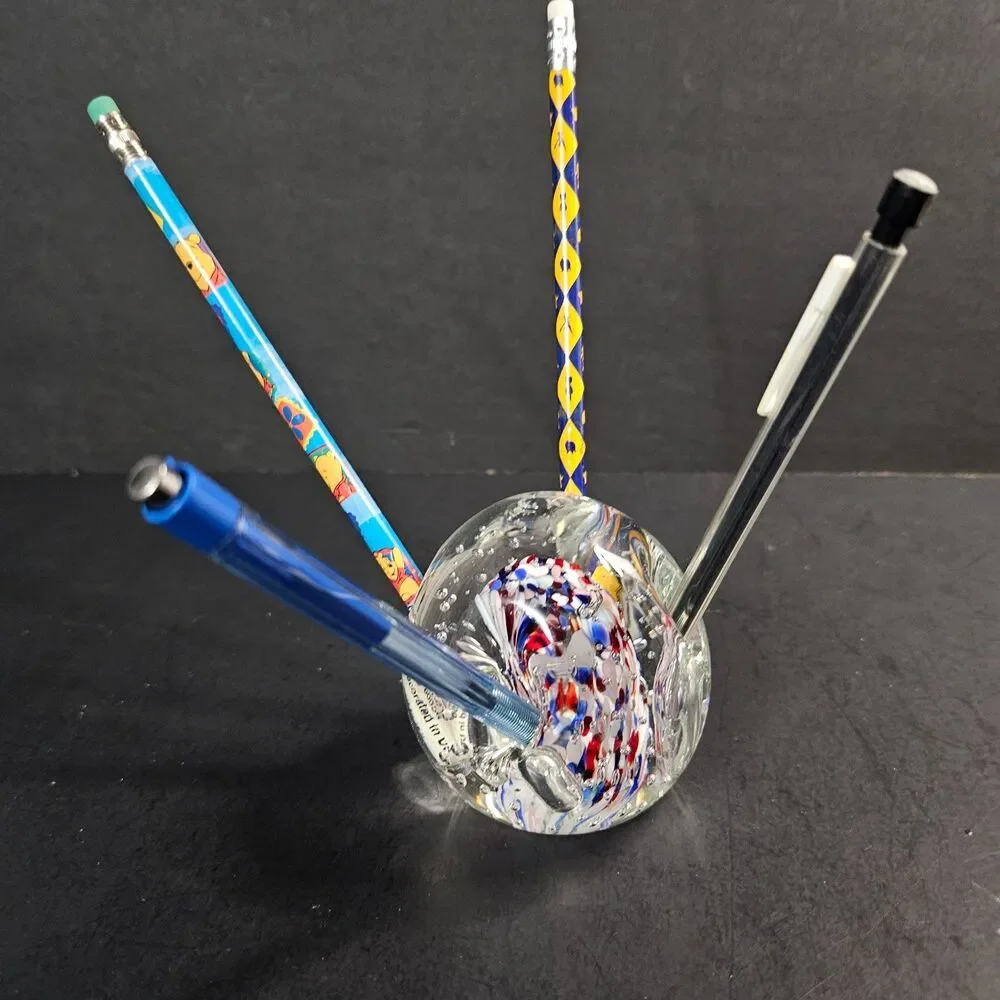 Vtg Murano Glass Paperweight Red White Blue Controlled Bubbles Pen Pencil Holder
